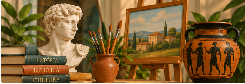 Livros de história da arte, busto clássico, pincéis, pintura de paisagem e vaso grego